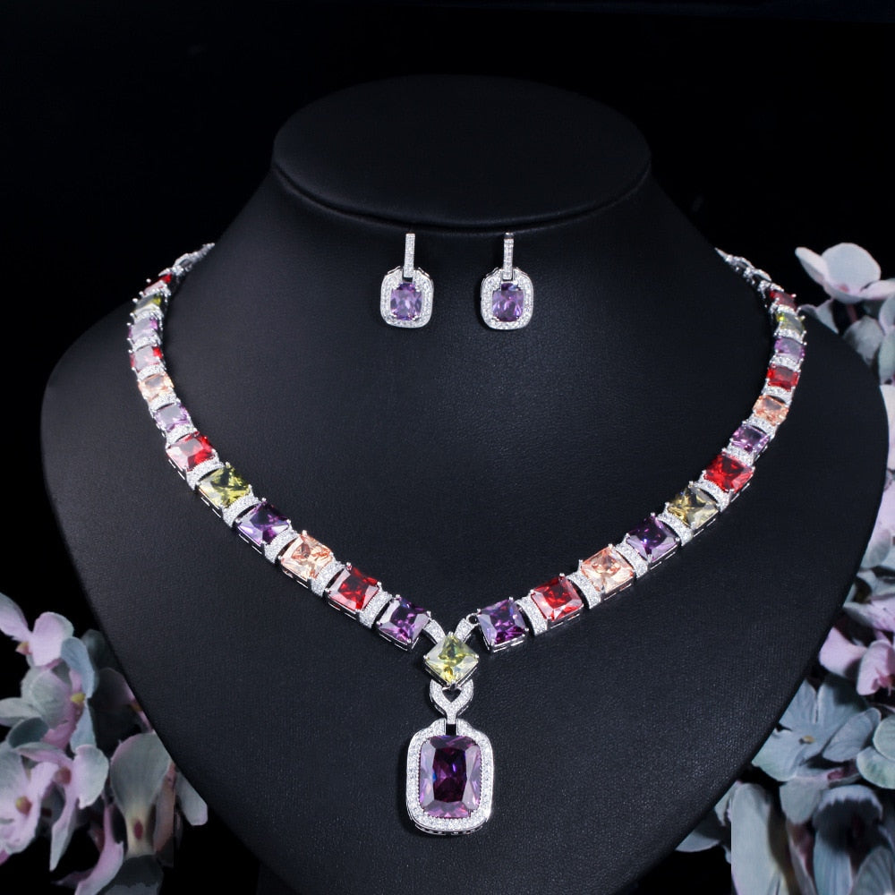 Trendy Colorful Lab Diamond Jewelry set White Gold Filled