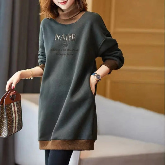 Spliced Turtleneck Tops Casual Pockets Thick Embroidery Sweatshirts