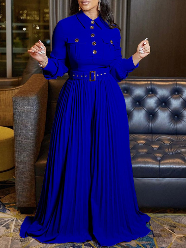 Women Long Sleeve Buttons Up Pleated Jumpsuit Loose Belted Overalls