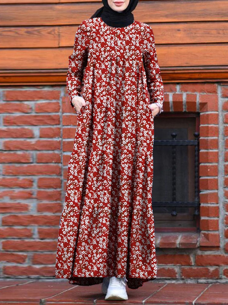 Hijab Dress Women Vintage Floral Printed Maxi Long Sleeve
