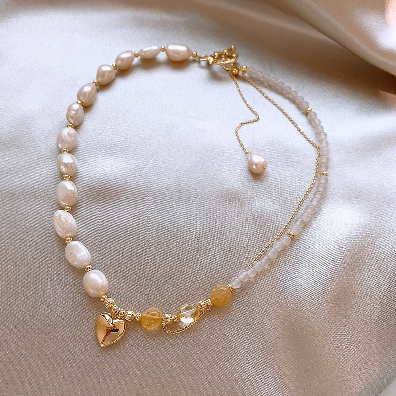Korean Fashion Natural Crystal Natural Pearl Heart Pendant Necklace