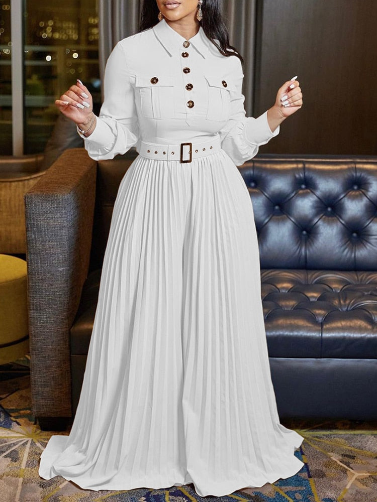 Women Long Sleeve Buttons Up Pleated Jumpsuit Loose Belted Overalls