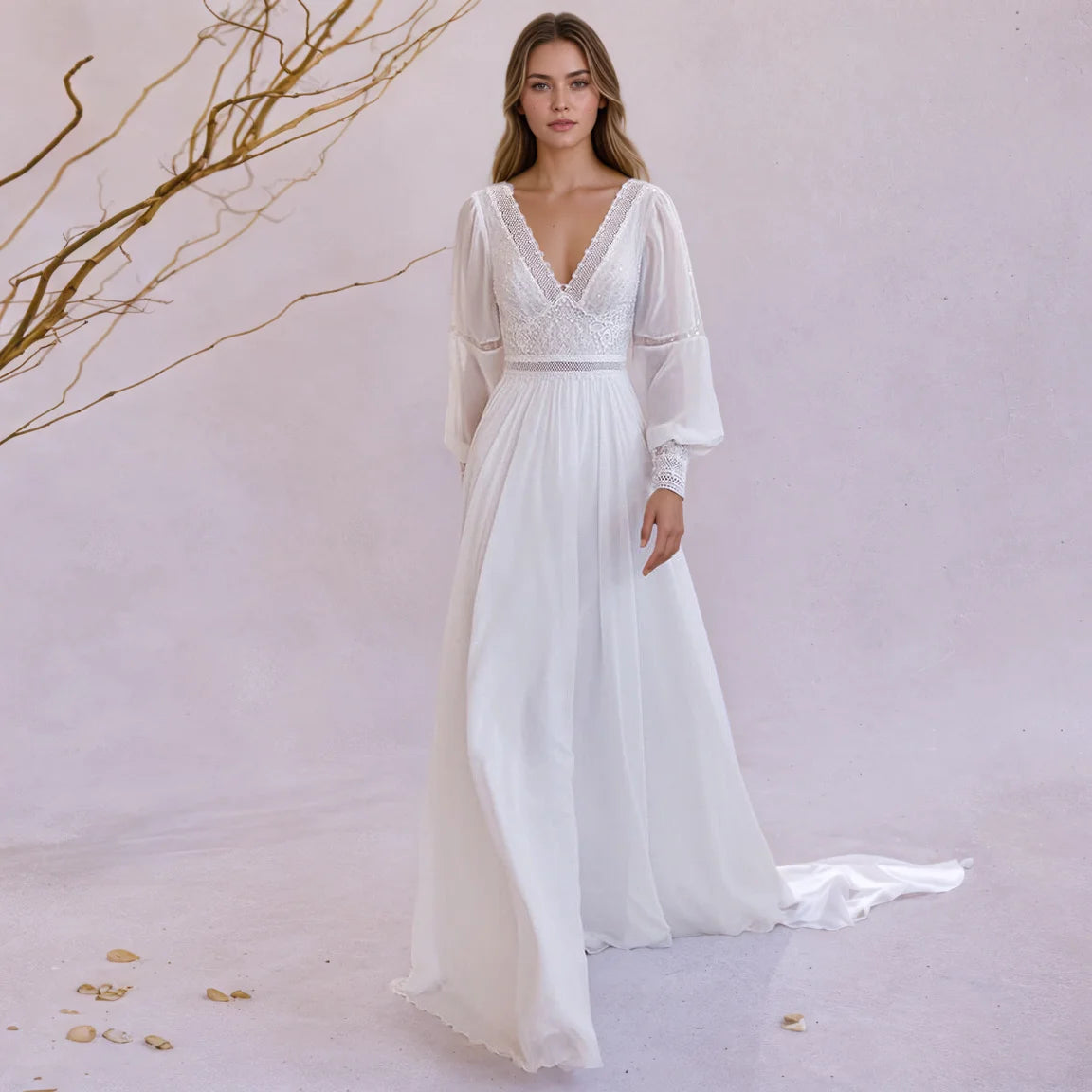 A Line Wedding Dress Chiffon V Neck Sleeveless Open Back