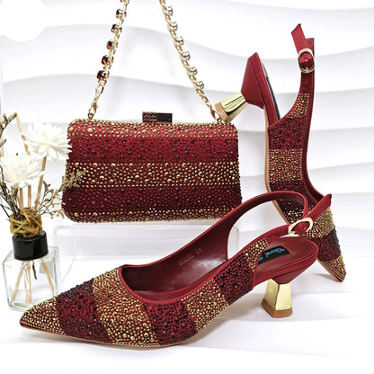 Conjunto de Zapatos y Bolso Wine Red Gold