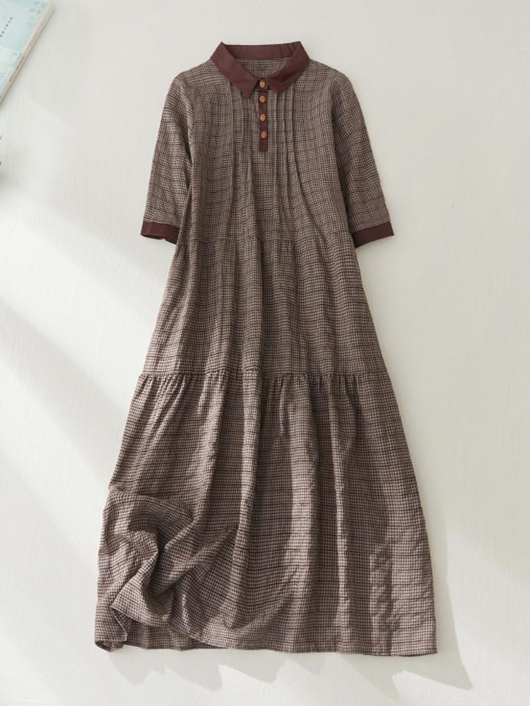 Women Casual Dress Vintage Style Plaid Pattern Loose Cotton