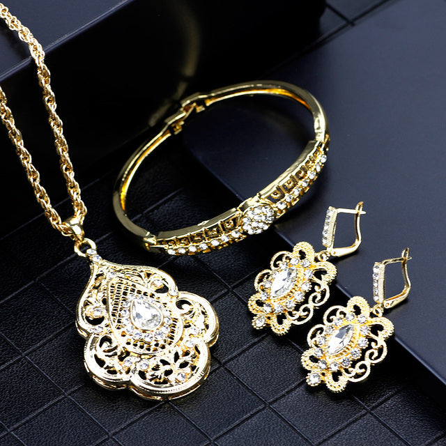 Bracelet Earring Necklace Sets 3pcs White Crystal Morocco Design
