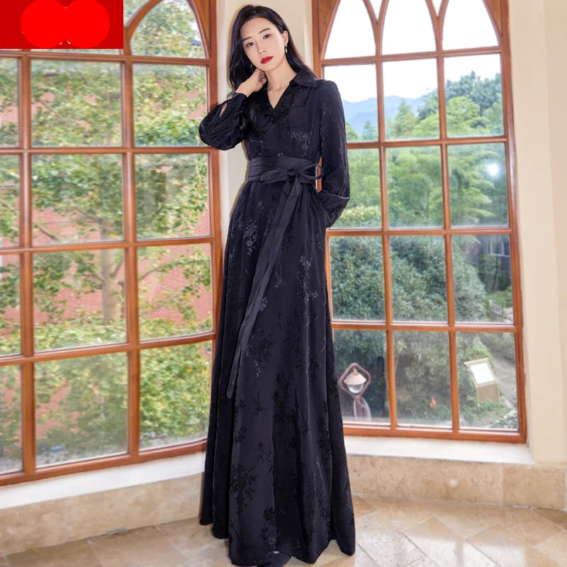 Jacquard Luxury Long Dress Floor-Length Evening Formal Dress with Belt