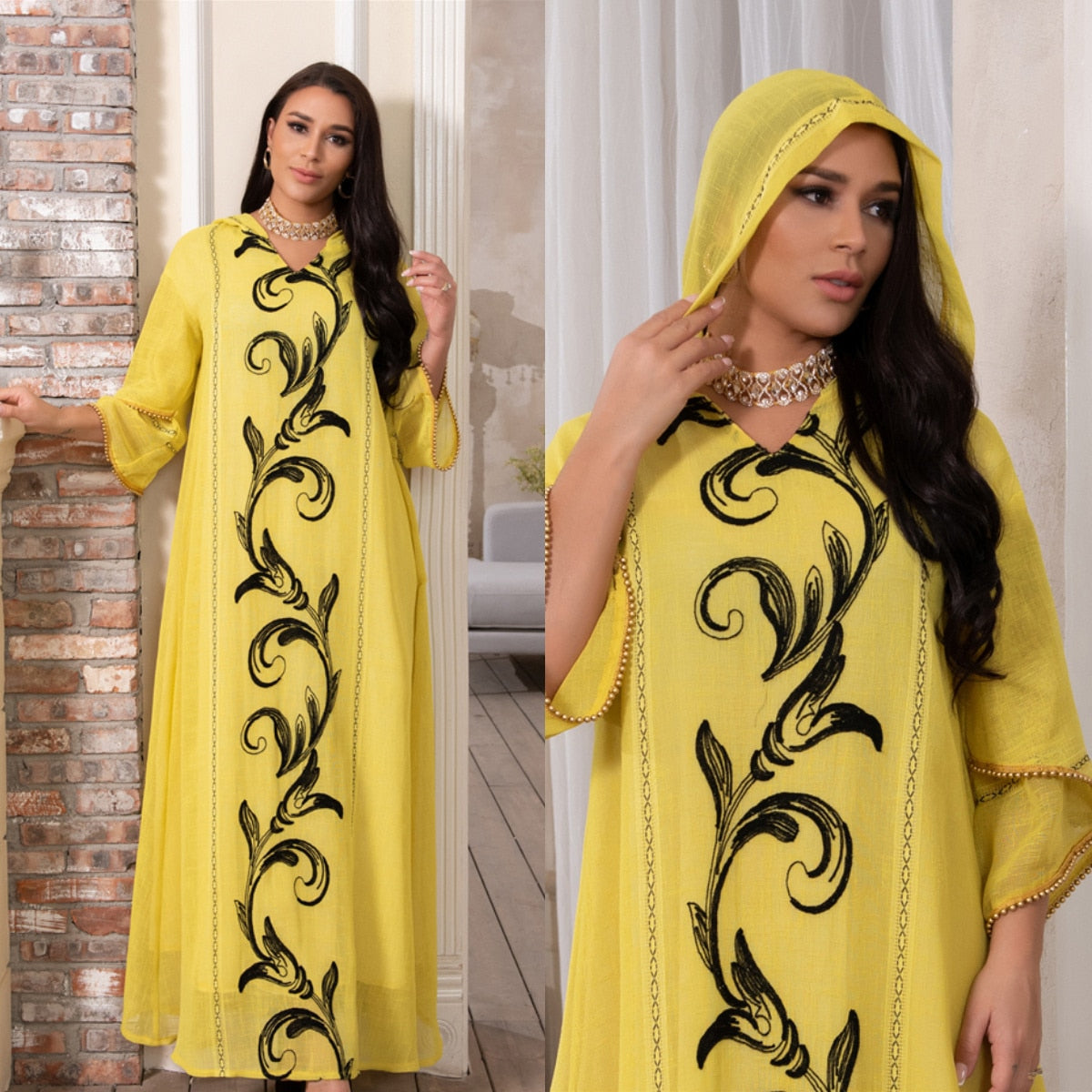 Women Robe Yellow Muslin Dress Jellabas