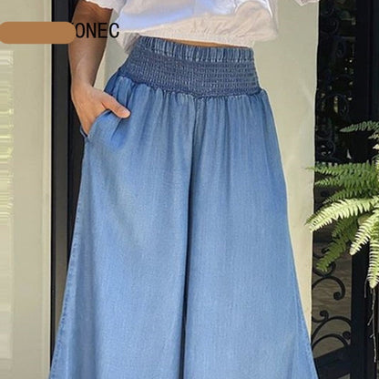 Women Solid High Elastic Waist  with Pocket Working Wide Leg Pants