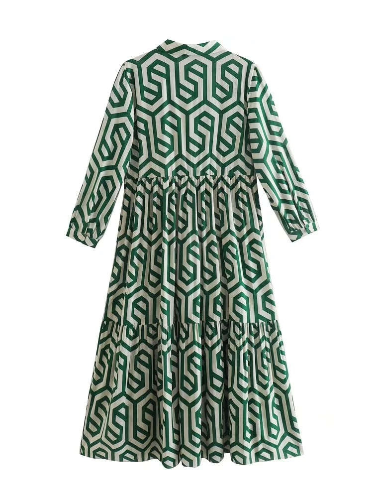 Women Vintage Geometric Print Pleats Casual Slim Midi Shirt Dress