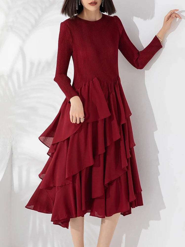 Pleated Patchwork Dress Wine Red