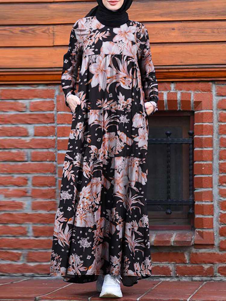 Hijab Dress Women Vintage Floral Printed Maxi Long Sleeve
