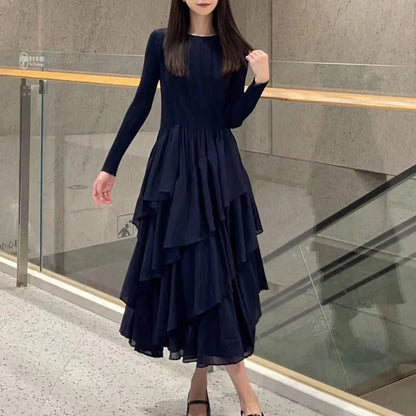 Pleated Patchwork Dress Blue