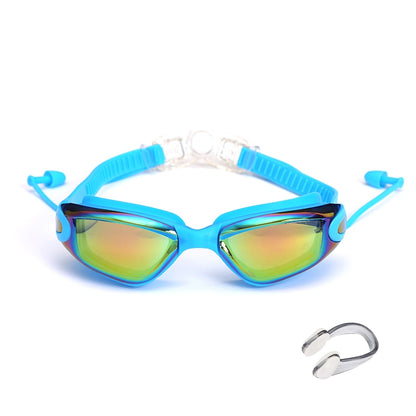 Swimming Glasses with Earplugs Nose Clip Electroplate Waterproof