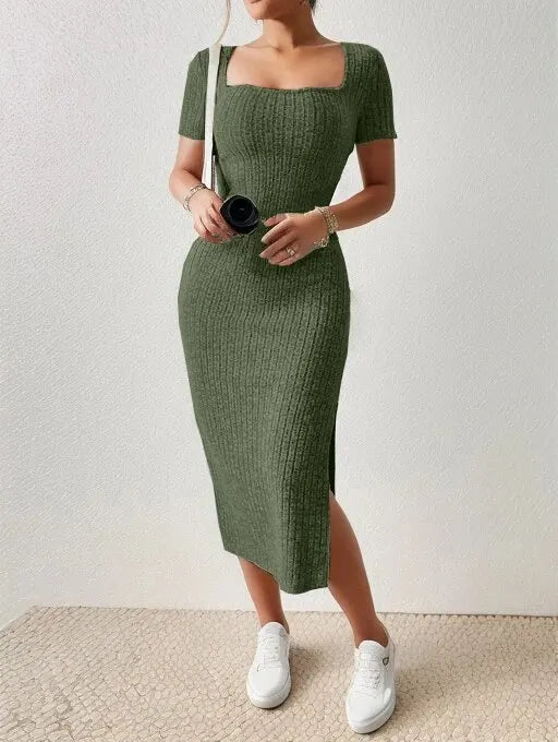 Knitted Slit Dress Army Green