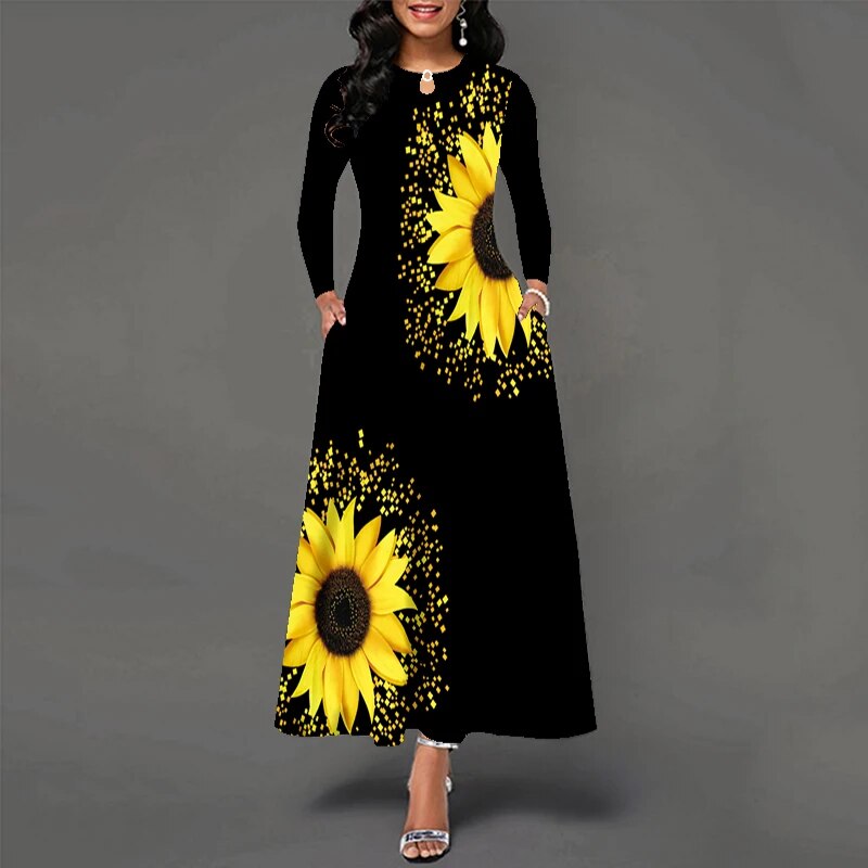 Vestido largo negro con flores amarillas