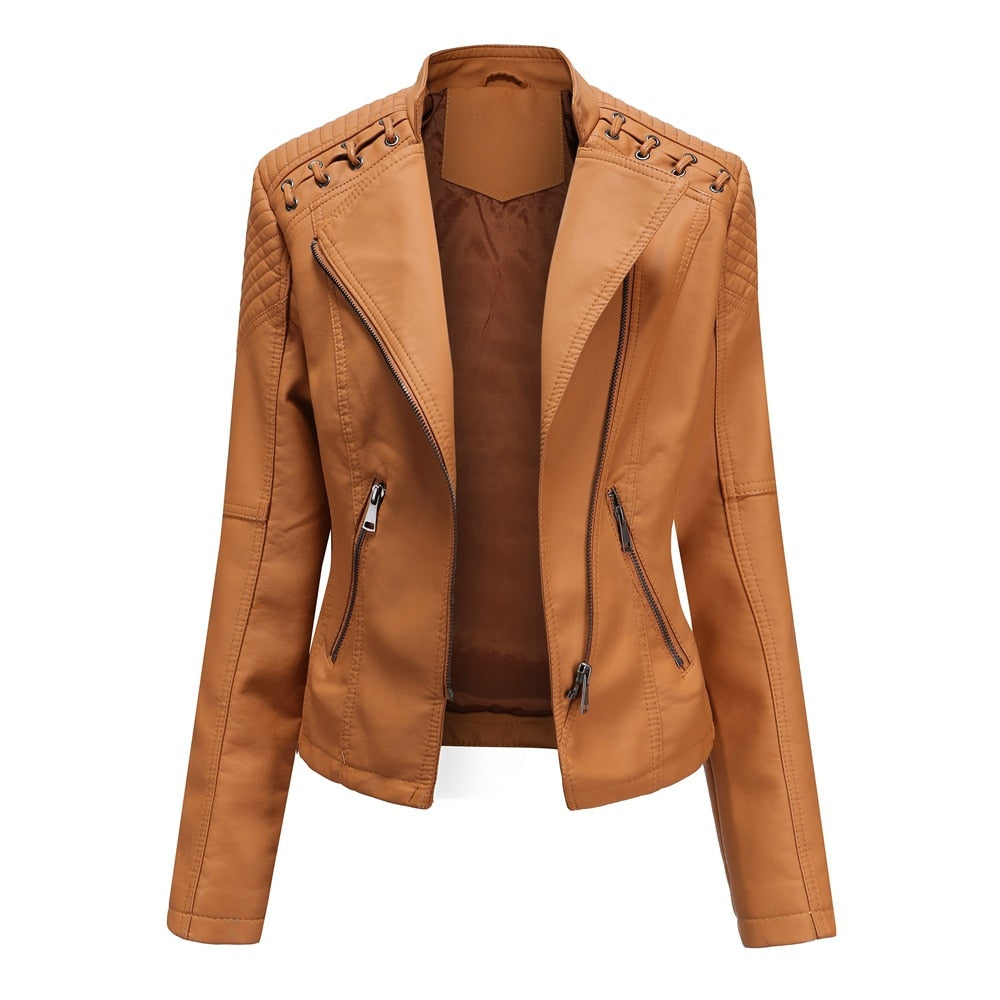 Leather Jacket Women Slim Fit PU Leather Short Coat