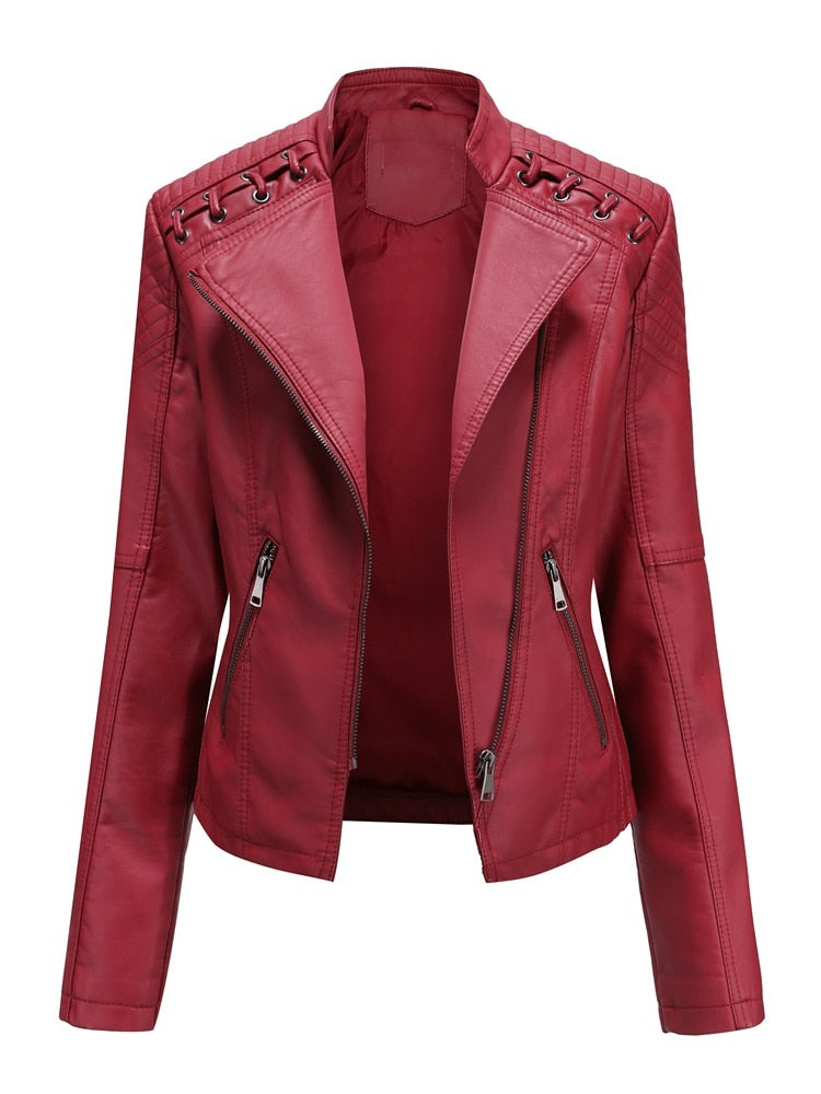 Pu Faux Leather Jackets Motorcycle Suit Casual Slim for Women