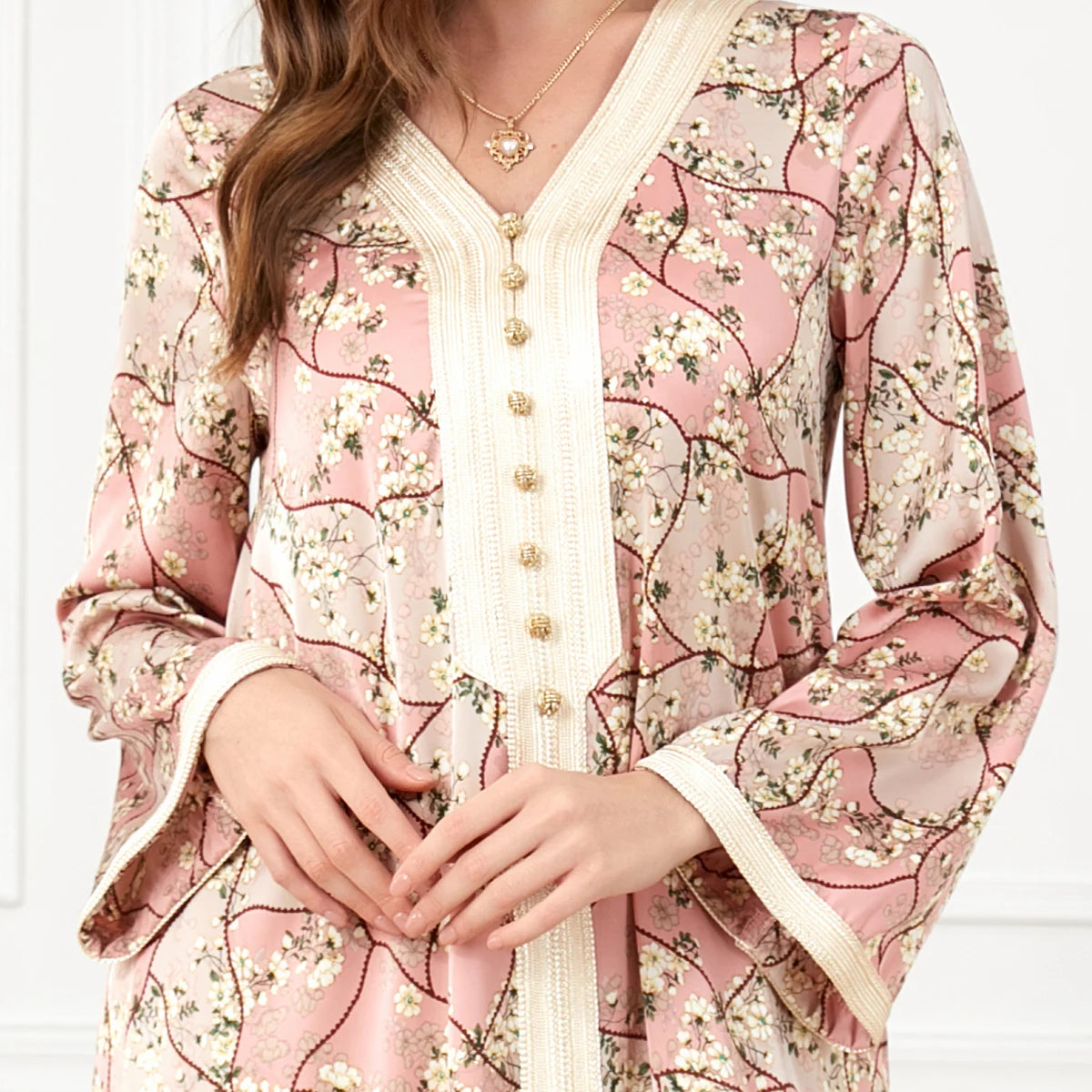 Floral Long-sleeve Women's Dress V-neck Satin Slim