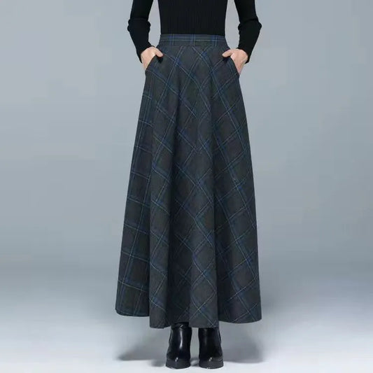 Falda larga de lana gris oscuro y azul
