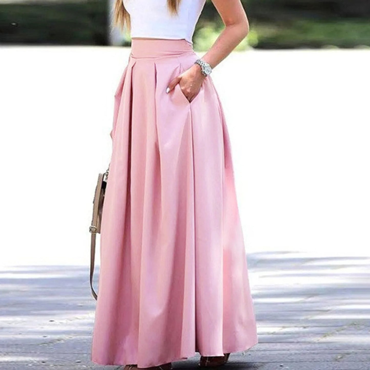 Falda larga plisada rosa