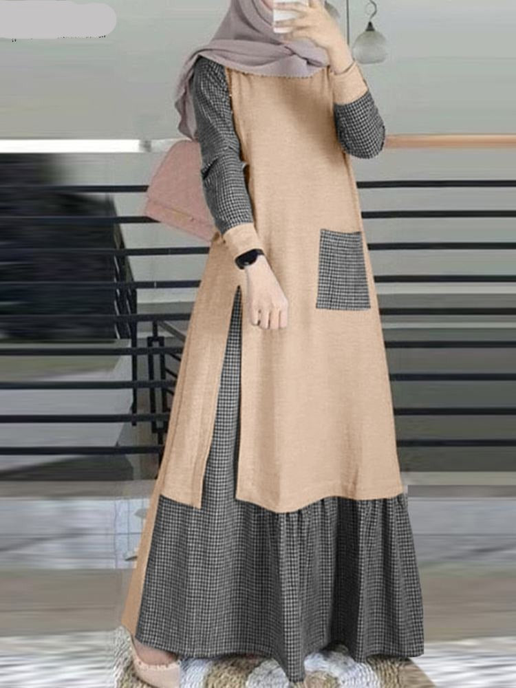 Women Vintage Muslim Plaid Checked Dress