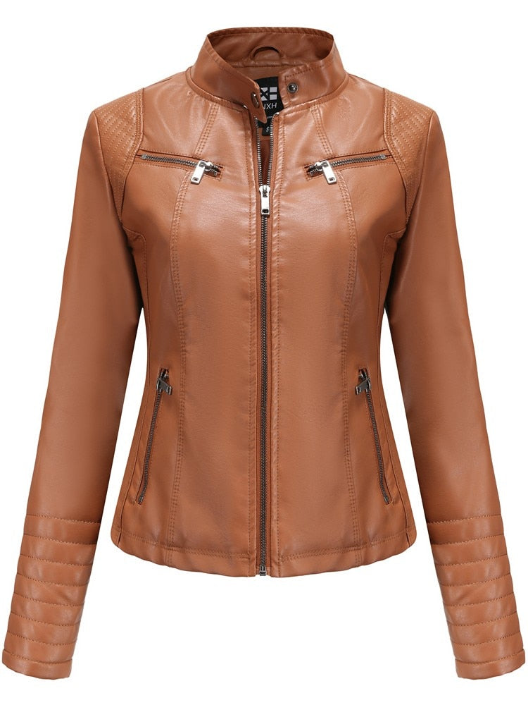 Women Faux Leather Jacket Long Sleeve Plus Size Solid Zipper