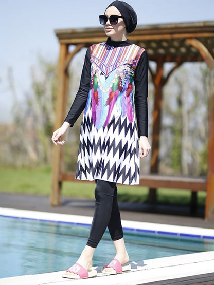 Women Muslim Swimwear Maple Leaf Printing