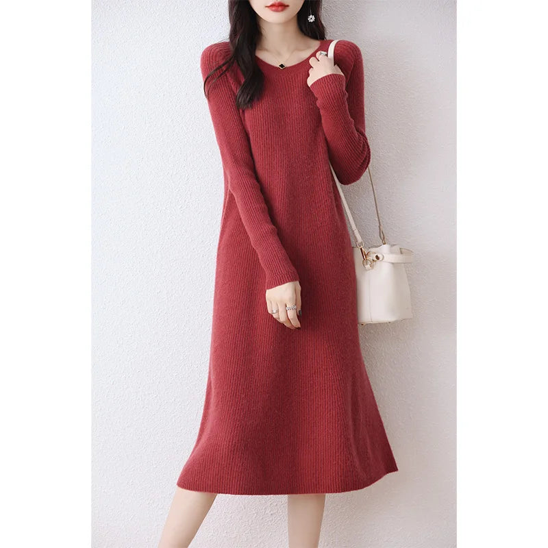 Pure Wool Knitted Dress Golder Brown Red