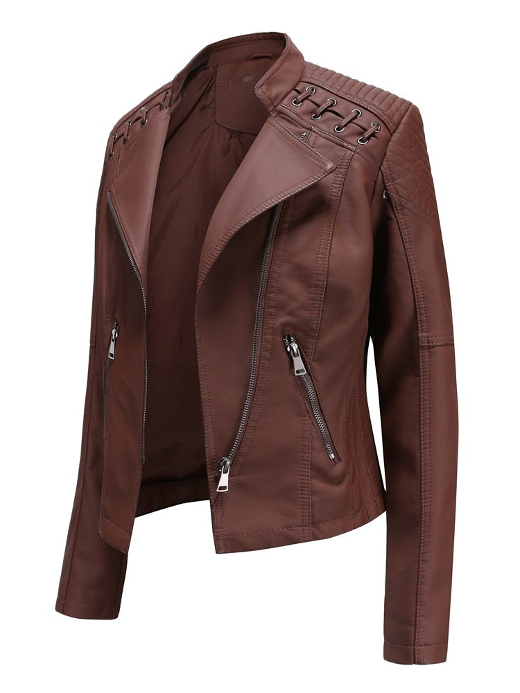Pu Faux Leather Jackets Motorcycle Suit Casual Slim for Women