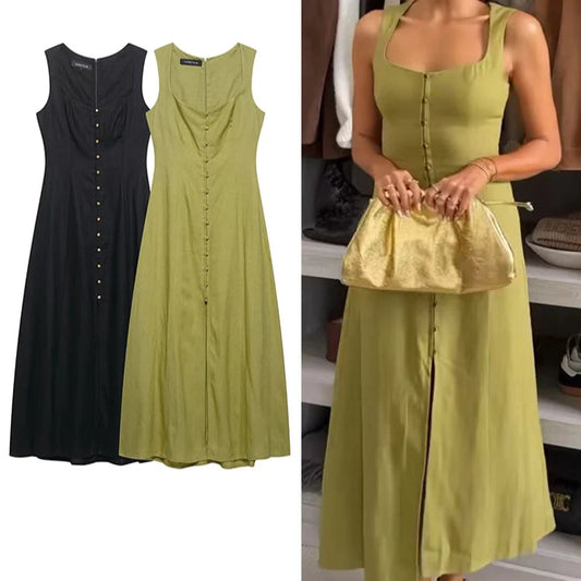 Square Collar Dress Green