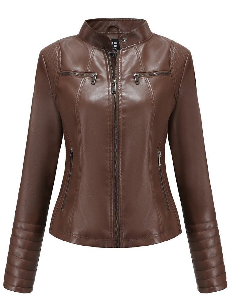 Women Faux Leather Jacket Long Sleeve Plus Size Solid Zipper