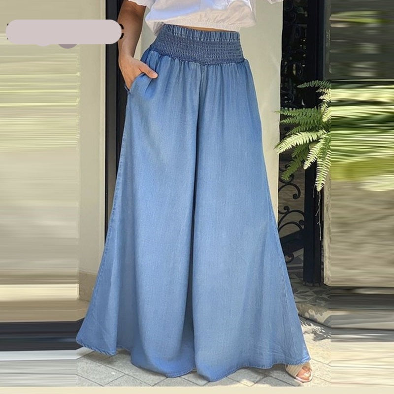 Women Solid High Elastic Waist  with Pocket Working Wide Leg Pants