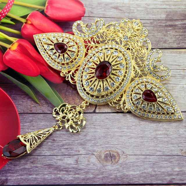 Caftan Belt Brooch for Women Gold Color Red Crystal