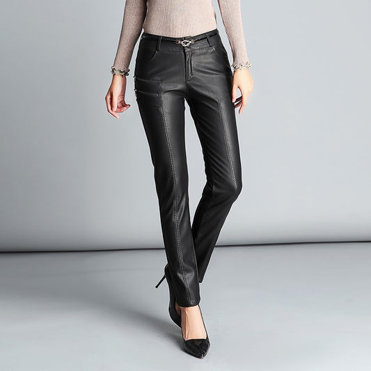 Hot PU Leather Mid Waist Pants Women Fashion