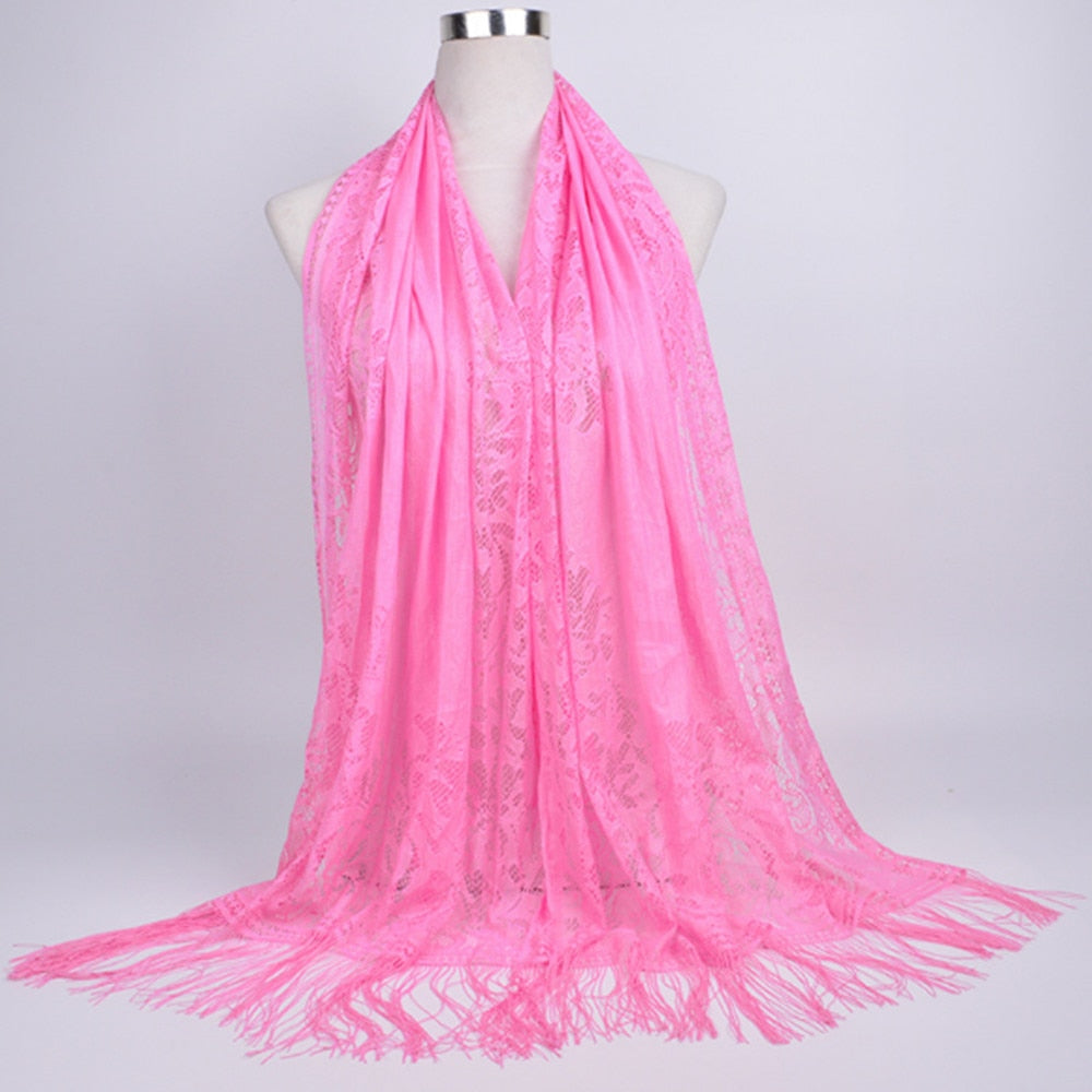 Hijab Scarf Shawl Wraps Pure color lace hollow fringed Long scarf
