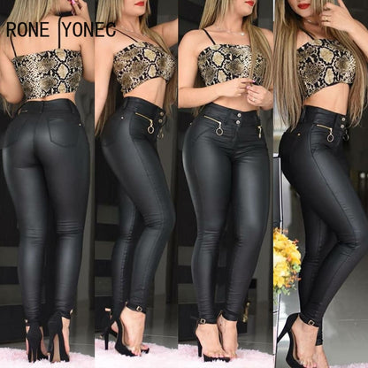 Women Chic Solid Casual PU leather Zipper Waist Skinny Pencil Pants