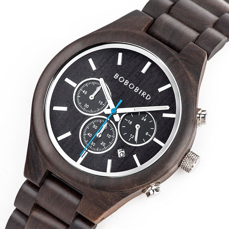 Wood Man's Watches Chronograph Calendar Wristwatch