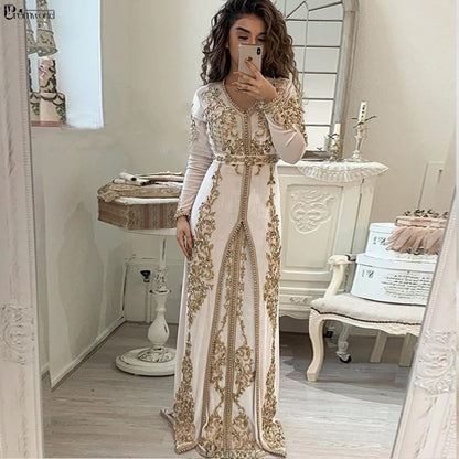 Moroccan Caftan Formal Dresses Long Sleeves Ivory Velvet Embroidery