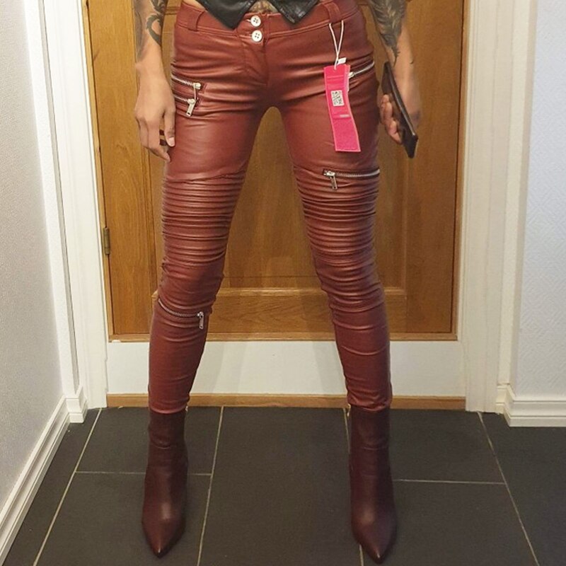 Warm biker faux leather pants with zipper decoration