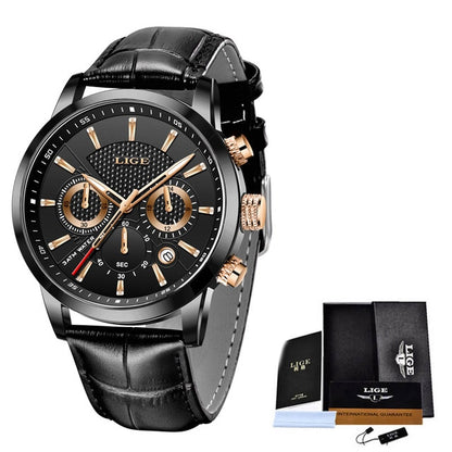 Mens Watches LIGE Top Brand Leather Chronograph Waterproof