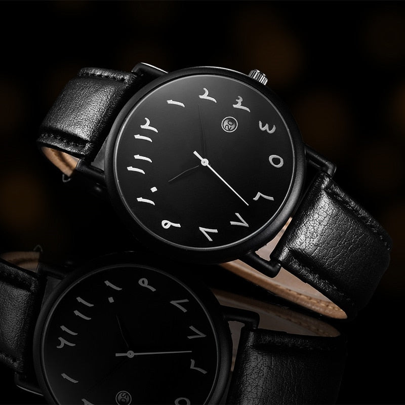 Mens Watches Luxury Brand Leather Wristwatch Arabic Numerals