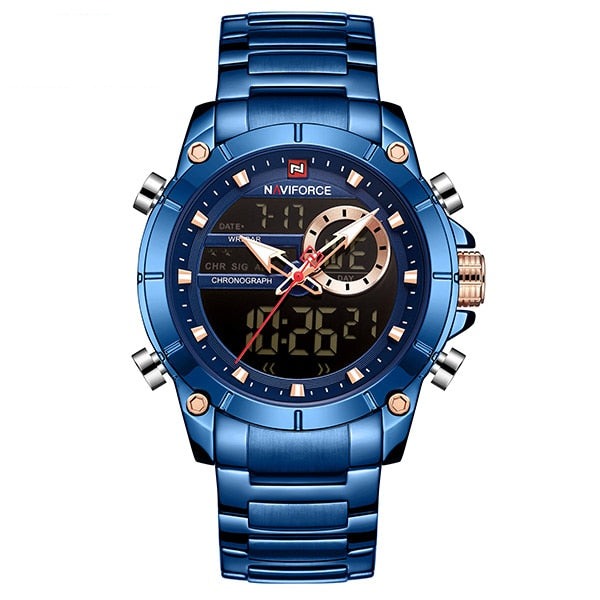 Digital Quartz Wrist Watch Steel Waterproof Dual Display Date