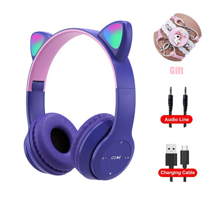 Pink Girl Wireless Headphones RGB Cute Cat Ears Headset