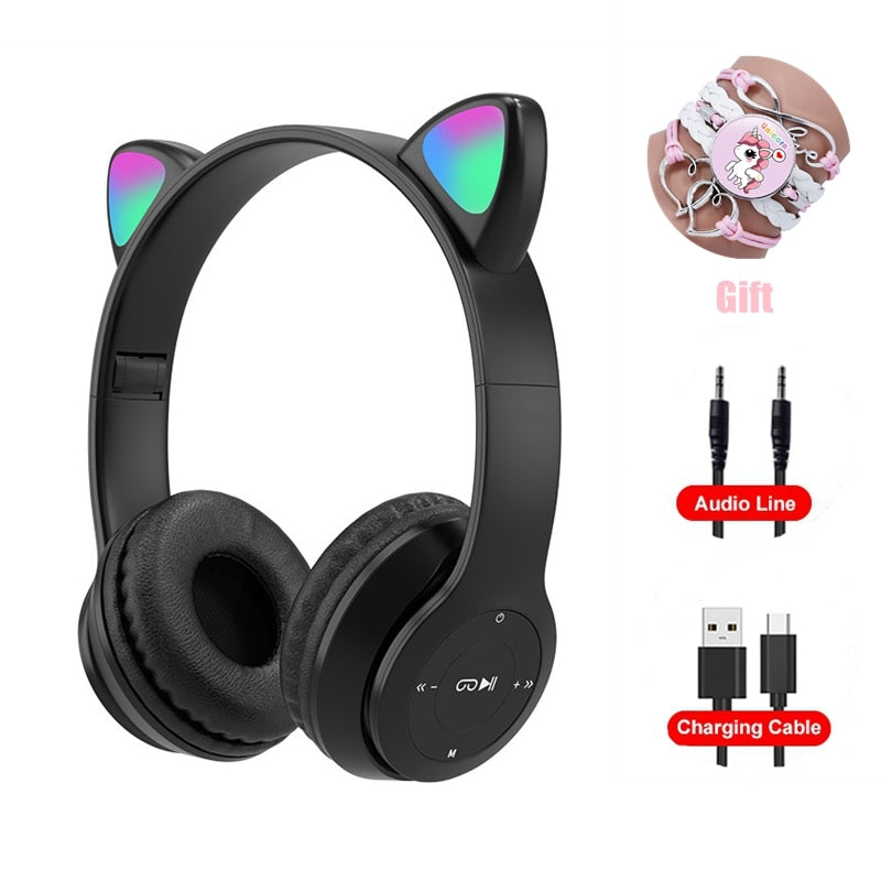 Pink Girl Wireless Headphones RGB Cute Cat Ears Headset