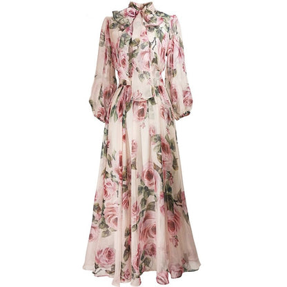 Women Dress Bow collar Rose Floral-Print Elegant Chiffon Dresses