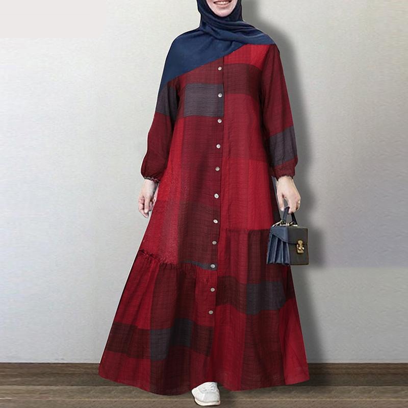Women Spring Muslim Abaya Plaid Check Long Dress