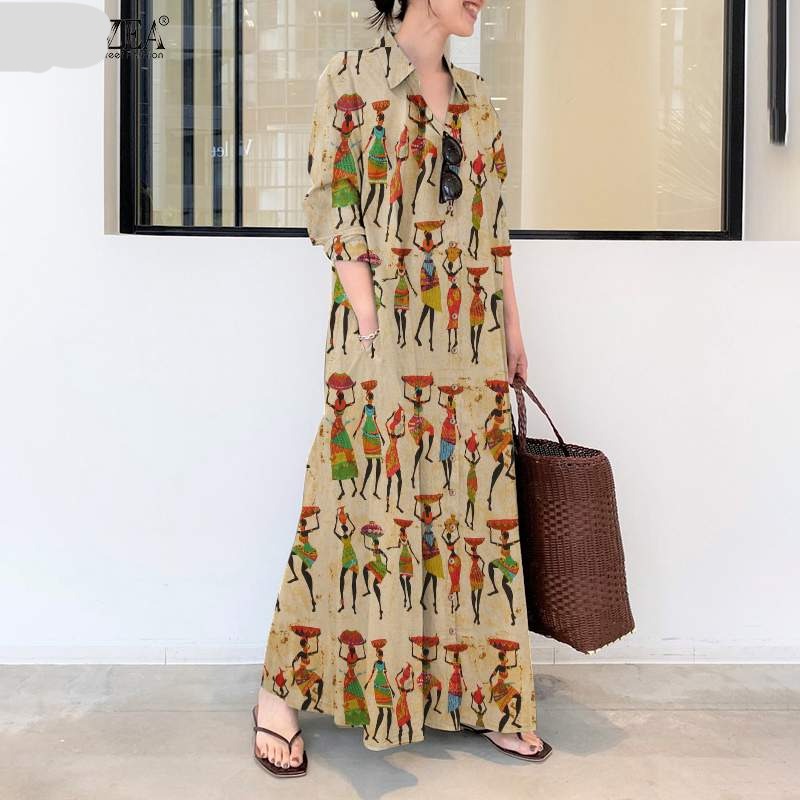 Elegant Printed Shirt Dress Women's Autumn Sundress