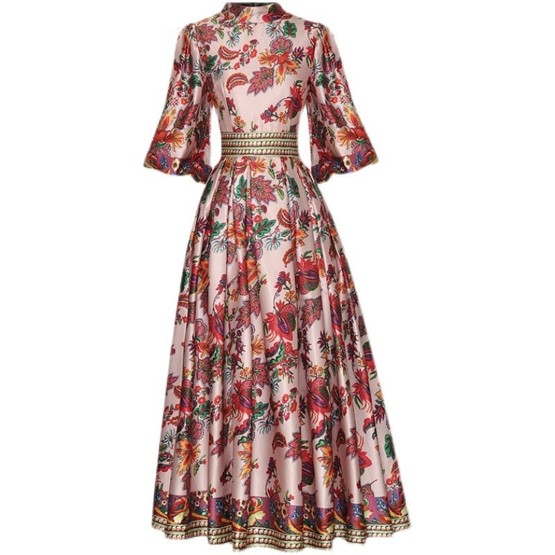 Stand collar Puff sleeve Floral print vintage Long Party Dress