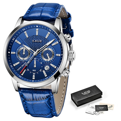 Mens Watches LIGE Top Brand Leather Chronograph Waterproof